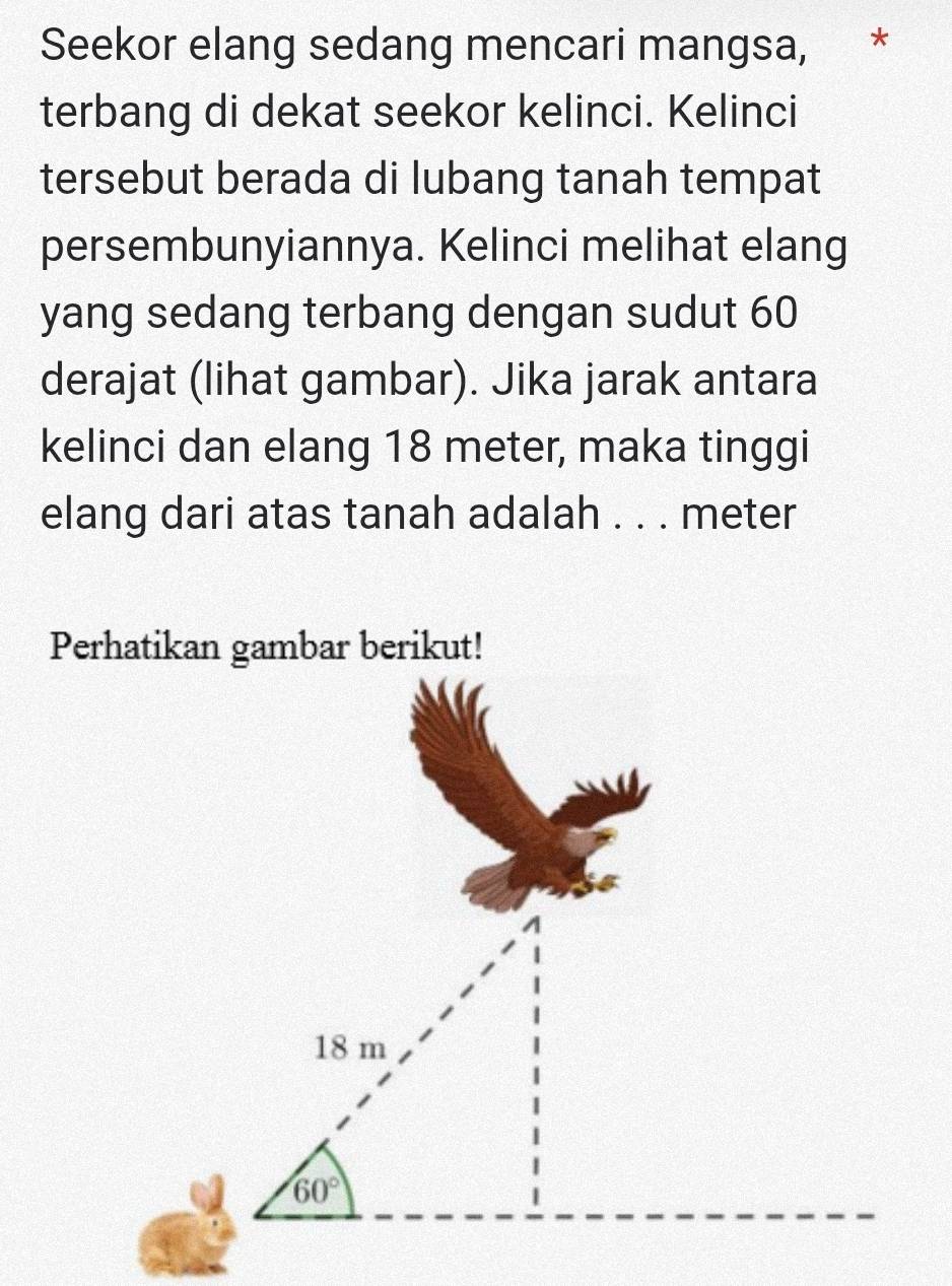 Seekor elang sedang mencari mangsa, *
terbang di dekat seekor kelinci. Kelinci
tersebut berada di lubang tanah tempat
persembunyiannya. Kelinci melihat elang
yang sedang terbang dengan sudut 60
derajat (lihat gambar). Jika jarak antara
kelinci dan elang 18 meter, maka tinggi
elang dari atas tanah adalah . . . meter
Perhatikan gambar berikut!