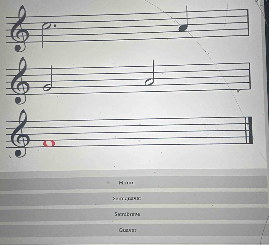Minim
Semiquaver
Semibreve
Quaver