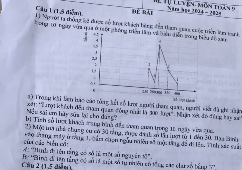 Đề Tự luyện- môn toán 9 
Câu 1 (1,5 điểm). 
để bài Năm học 2024 - 2025 
1) Người ta thống kê được số lượt khách hàng đến tham quan cuộc triển lãm tranh 
trong 10 ngày vừa qua ở một phòng triển lãm và biểu diễn trong biểu đồ sau:
4.5
4
4
3,5
3
2,5
2
2 2
1,5
1
1
1
0.5
0 250 280 300 350 400
Số lượt khách 
a) Trong khi làm báo cáo tổng kết số lượt người tham quan, người viết đã ghi nhận 
xét: “Lượt khách đến tham quan đông nhất là 300 lượt”. Nhận xét đó đúng hay sait 
Nếu sai em hãy sửa lại cho đúng? 
b) Tính số lượt khách trung bình đến tham quan trong 10 ngày vừa qua. 
2) Một toà nhà chụng cư có 30 tầng, được đánh số lần lượt từ 1 đến 30. Bạn Bình 
vào thang máy ở tầng 1, bấm chọn ngẫu nhiên số một tầng để đi lên. Tính xác suất 
của các biến cố: 
A: “Bình đi lên tầng có số là một số nguyên tố”. 
B: “Bình đi lên tầng có số là một số tự nhiên có tổng các chữ số bằng 3 ”. 
Câu 2 (1,5 điểm).