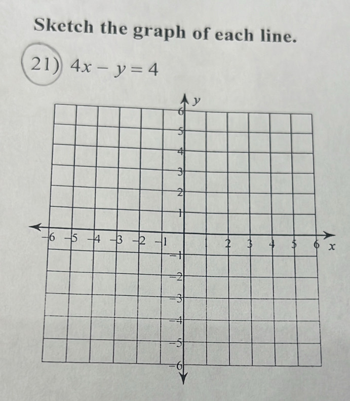 Sketch the graph of each line. 
21) 4x-y=4