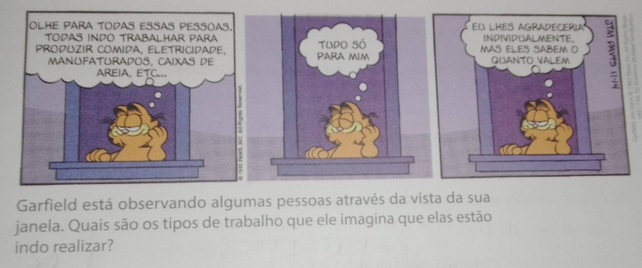 Garfield está observando algumas pessoas através da vista da sua 
janela. Quais são os tipos de trabalho que ele imagina que elas estão 
indo realizar?