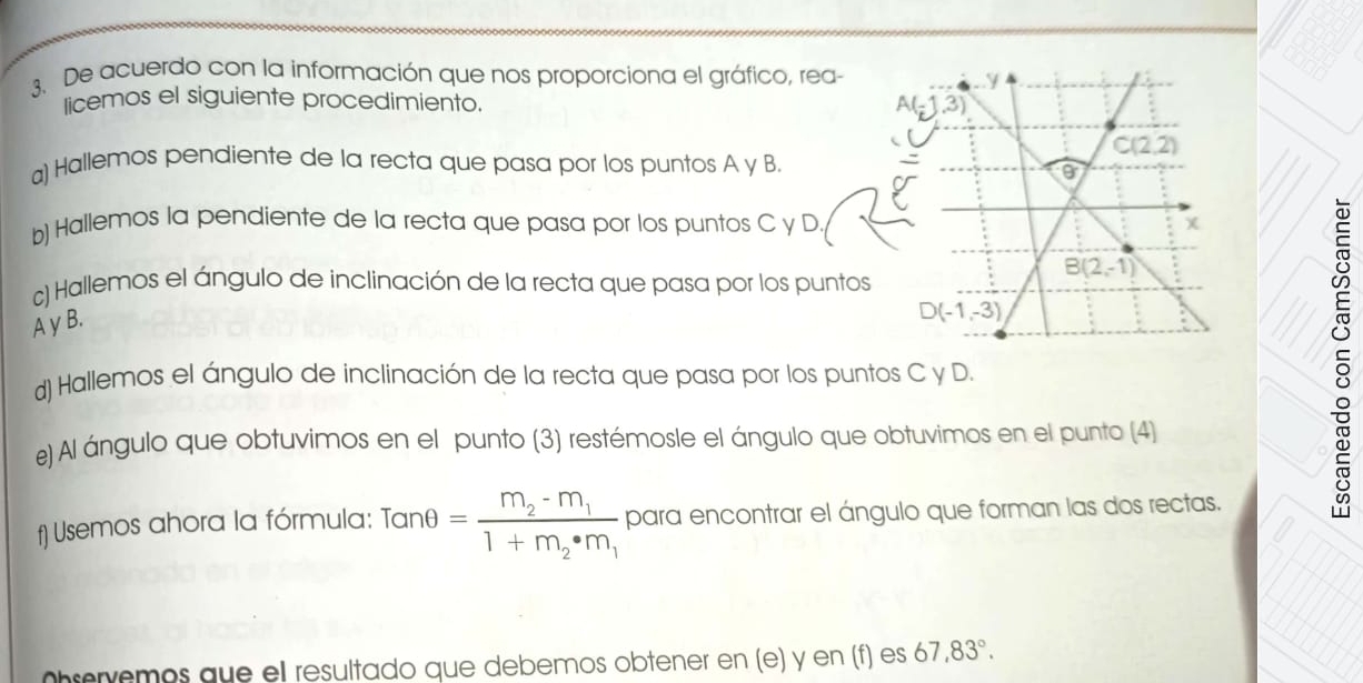 De acuerdo con la información que nos proporciona el gráfico, rea-
licemos el siguiente procedimiento. 
a) Hallemos pendiente de la recta que pasa por los puntos A y B.
b) Hallemos la pendiente de la recta que pasa por los puntos C y D.
c) Hallemos el ángulo de inclinación de la recta que pasa por los puntos
A y B.
d) Hallemos el ángulo de inclinación de la recta que pasa por los puntos C y D.
e) Al ángulo que obtuvimos en el punto (3) restémosle el ángulo que obtuvimos en el punto (4)
f) Usemos ahora la fórmula: Tanθ =frac m_2-m_11+m_2· m_1 para encontrar el ángulo que forman las dos rectas.
Observemos que ell resultado que debemos obtener en (e) y en (f) es 67,83°.