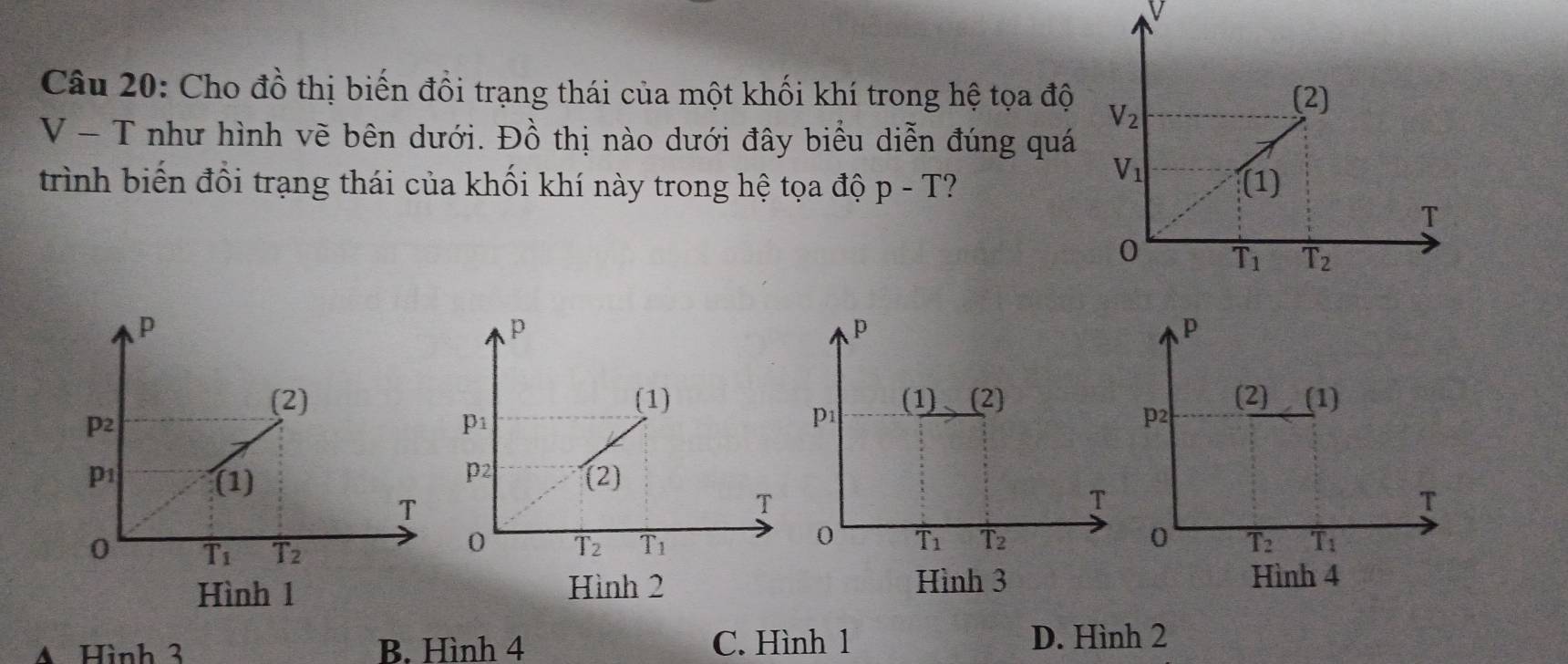 Cho đồ thị biến đồi trạng thái của một khối khí trong hệ tọa độ
V - T như hình vẽ bên dưới. Đồ thị nào dưới đây biểu diễn đúng quá
trình biến đổi trạng thái của khối khí này trong hệ tọa độ p-T ?
 
Hình 1 Hình 2 Hình 3
A Hình 3 B. Hình 4 C. Hình 1
D. Hình 2