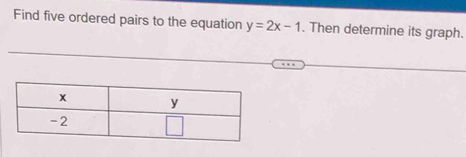 Find five ordered pairs to the equation y=2x-1. Then determine its graph.