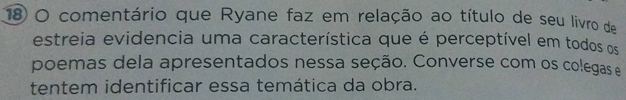 comentário que Ryane faz em relação ao título de seu livro de 
estreia evidencia uma característica que é perceptível em todos os 
poemas dela apresentados nessa seção. Converse com os colegas e 
tentem identificar essa temática da obra.