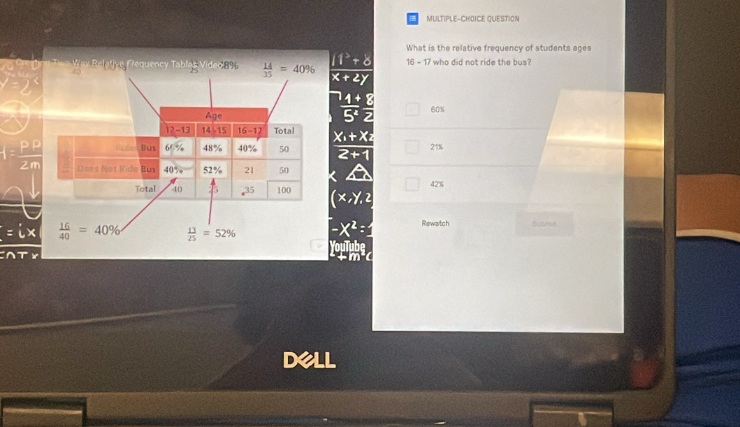 MULTIPLE-CHOICE QUESTION 
What is the relative frequency of students ages
16-17
Relative Frequency  Tables/25 Vider8%  14/35 =40% who did not ride the bus?
60%
Age
12-13 14-15 16-12 Tota
Otal 
Bus 60% 48% 40% 50 21%
Does Not Ride Bus 40% 52% 21 50
Total 40 35 100 42%
Rewatch Suamit
 16/40 =40%  13/25 =52%
Da