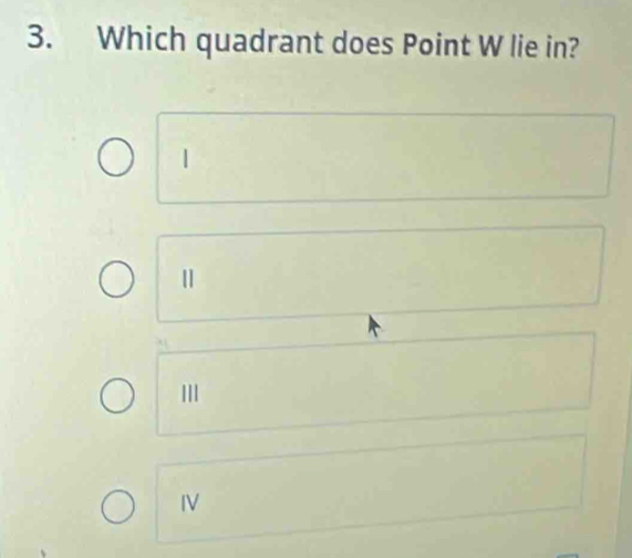 Which quadrant does Point W lie in?
|
II
IV