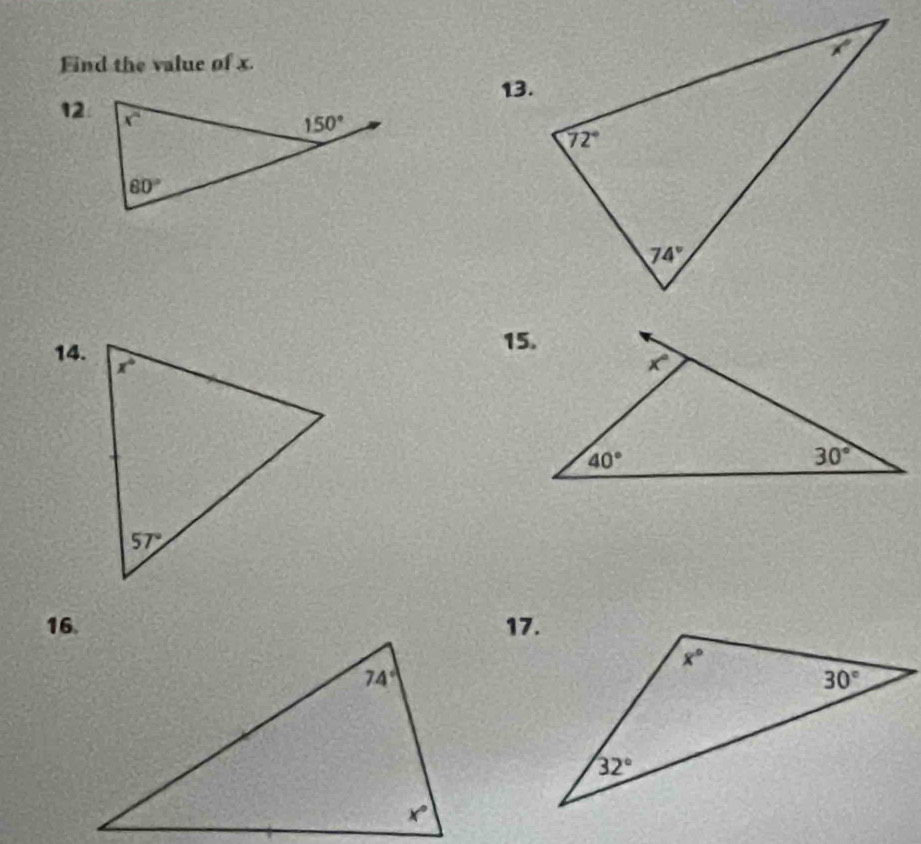 Find the value of x.
13.
12
15.
14.
16.17.