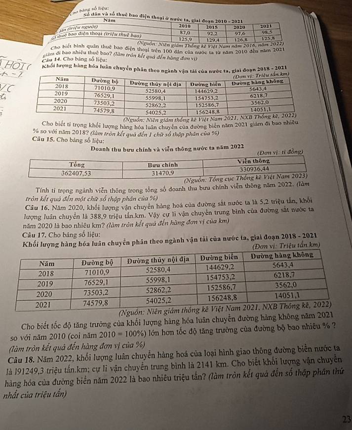 Câo bảng số liệu:
Số dân và số thuê b
ám Thống kế Việt Nam năm 20
Cho biết bình quân thuế bao điện thoại trên 100 dân của nước ta từ năm 2010 đến năm 2021
Màm đi bao nhiều thuê bao? (làm tròn kết quả đến hàng đơn v))
Câu 14. Cho bảng số liệu:
Hồi  Khối lượng hàng hóa luân chuyển phân theo ngành vận tải của nước ta, giai đoạn 2018 - 2021
1 
VC
a
(Nguồn: Niên giám thống kê Vi
Cho biết tỉ trọng khổi lượng hàng hóa luân chuyên của đường biên năm 2021 giám đi bao nhiều
% so với năm 2018? (làm tròn kết quả đến 1 chữ số thập phân của %)
Câu 15. Cho bảng số liệu:
Doanh thu bưu chính và viễn thông nước ta năm 2022
(Đơn vị: tỉ đồng)
Tính tỉ trọng ngành viễn thông trong tổng số doanh thu bưu chính viễn thông năm 2022. (làm
tròn kết quả đến một chữ số thập phân của %)
Câu 16. Năm 2020, khổi lượng vận chuyển hàng hoá của đường sắt nước ta là 5,2 triệu tần, khối
lượng luân chuyển là 388,9 triệu tấn.km. Vậy cự li vận chuyển trung bình của đường sắt nước ta
năm 2020 là bao nhiêu km? (làm tròn kết quả đến hàng đơn vị của km)
Câu 17. Cho bảng số liệu:
Khối lượng hàng hóa luân chuyển phân theo ngành vận tải của nước ta, giai đoạn 2018 - 2021
(Đơn vị: Triệu tần.km)
(Nguôn
Cho biết tốc độ tăng trưởng của khối lượng hàng hóa luân chuyển đường hàng không năm 2021
so với năm 2010 (coi năm 2010=100% ) lớn hơn tốc độ tăng trưởng của đường bộ bao nhiêu % ?
(làm tròn kết quả đến hàng đơn vị của %)
Câu 18. Năm 2022, khối lượng luân chuyển hàng hoá của loại hình giao thông đường biển nước ta
là l91249,3 triệu tấn.km; cự li vận chuyển trung bình là 2141 km. Cho biết khối lượng vận chuyển
hàng hóa của đường biển năm 2022 là bao nhiêu triệu tắn? (làm tròn kết quả đến số thập phân thứ
nhất của triệu tấn)
23