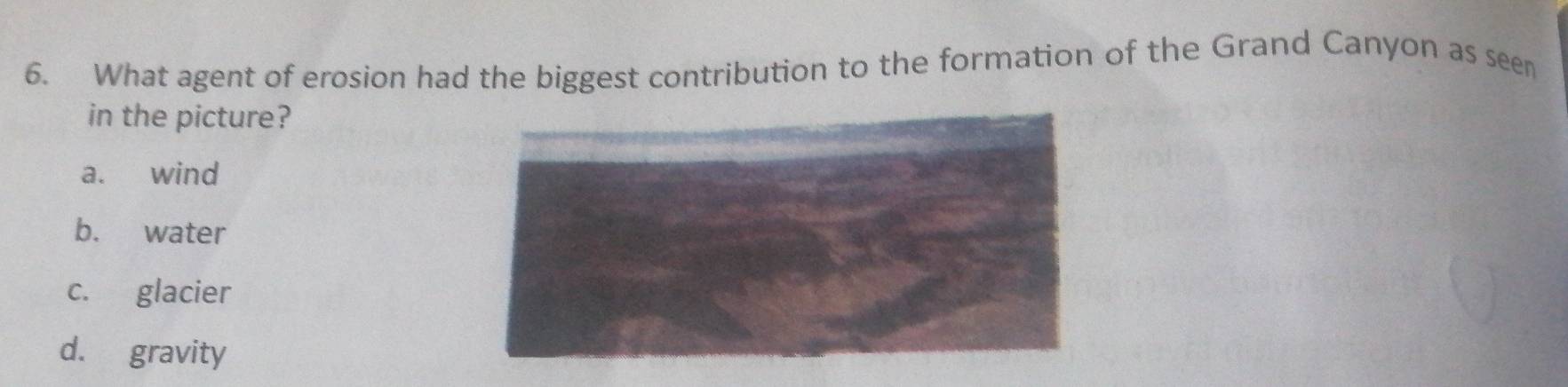 What agent of erosion had the biggest contribution to the formation of the Grand Canyon as seen
in the picture?
a. wind
b. water
c. glacier
d. gravity