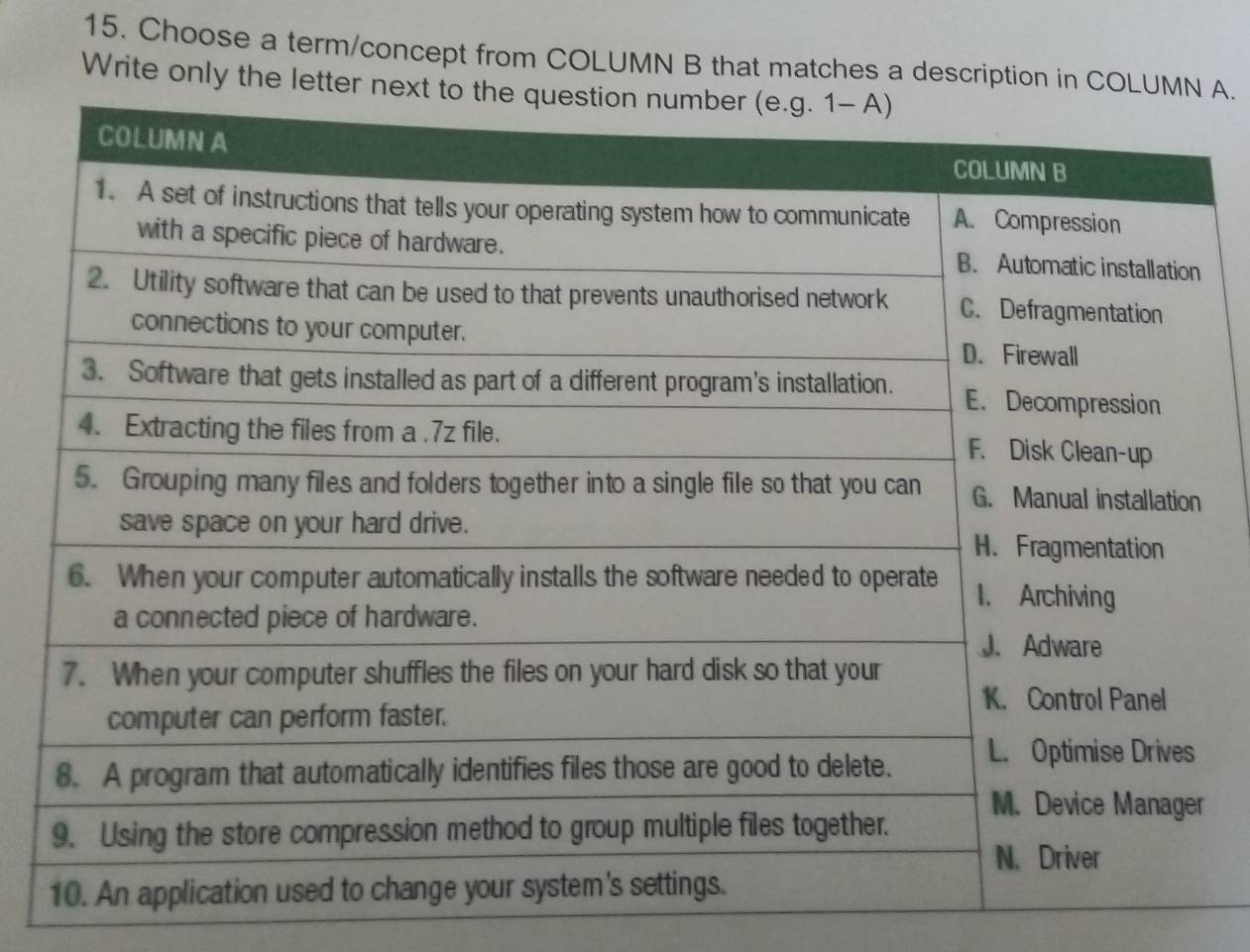 Choose a term/concept from COLUMN B that matches a description in COLU A.
Write only the letter