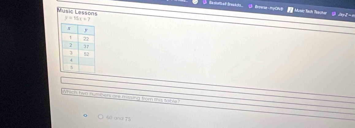 Basketball Breakdo... Browse - myON® Music Tech Teacher JayZ  r
Music Lessons
y=15x+7
Which two numbers are missing from this table?
60 and 75