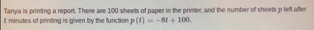 Tanya is printing a report. There are 100 sheets of paper in the printer, and the number of sheets p left after
t minutes of printing is given by the function p(t)=-8t+100.