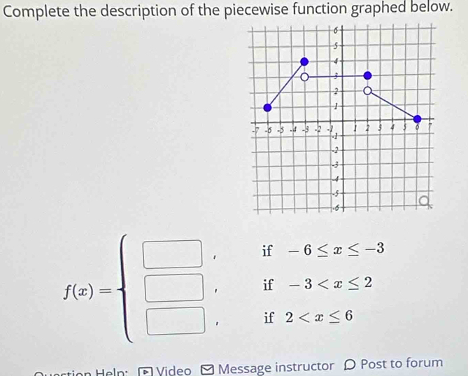 Complete the description of the piecewise function graphed below.
f(x)=beginarrayl □ ,if-6≤ x≤ - □ ,if-3^ 
Video Message instructor D Post to forum