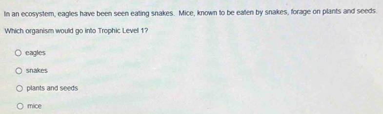 In an ecosystem, eagles have been seen eating snakes. Mice, known to be eaten by snakes, forage on plants and seeds.
Which organism would go into Trophic Level 1?
eagles
snakes
plants and seeds
mice