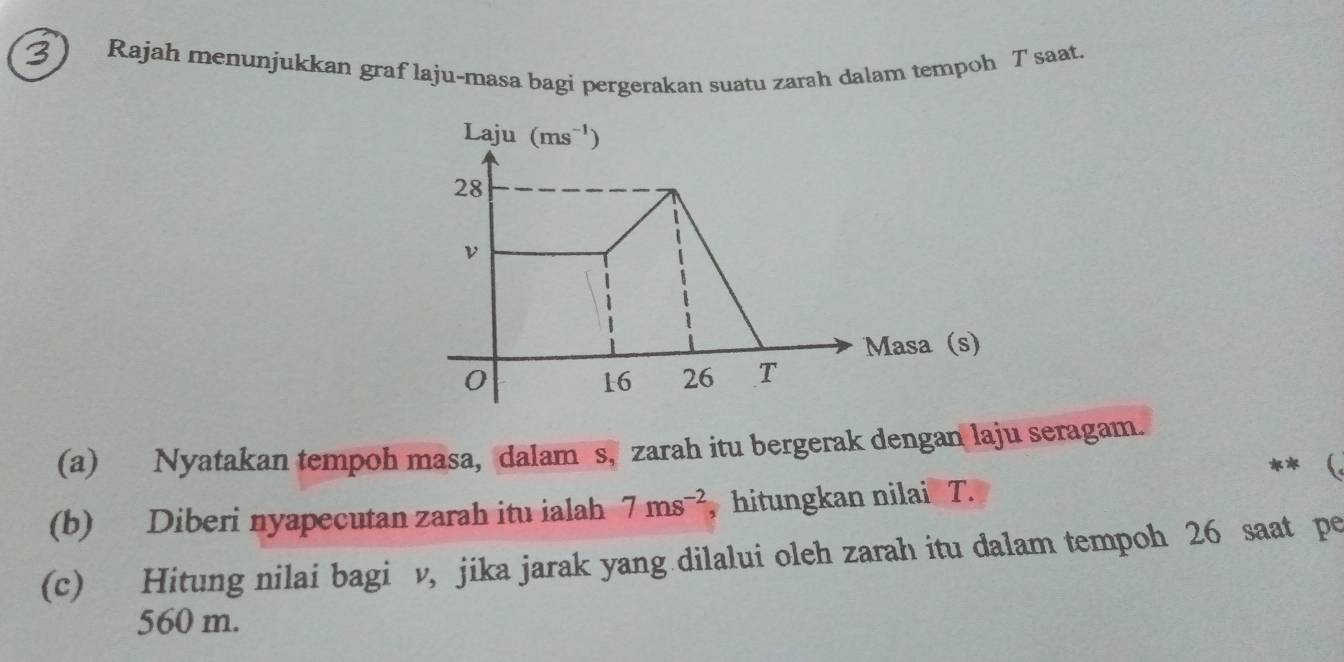 Rajah menunjukkan graf laju-masa bagi pergerakan suatu zarah dalam tempoh T saat.
(a) Nyatakan tempoh masa, dalam s, zarah itu bergerak dengan laju seragam.
**
(b) Diberi nyapecutan zarah itu ialah 7ms^(-2) , hitungkan nilai T.
(c) Hitung nilai bagi v, jika jarak yang dilalui oleh zarah itu dalam tempoh 26 saat pe
560 m.