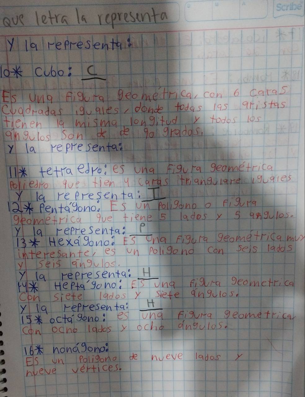 ove letra la representa 
Y 1a representa? 
10* clbo: c 
Es Uug figura geometrica, con 6 caras 
Cuadradas iguqles, donde todas l9s qristas 
fienen 19 misma lougifed y todos 105
angulos son de g0 gradas, 
y la representa? 
11 * tetraedroies una figura geometrica 
poriedio que tien y caras triangd(areiguqles 
Y la representa: T 
12 *Pentagono. ES Un poligon6 o Aigura 
geometrica qvue tiene 5 lados y 5 angul05. 
Y a representao p
13 * Hexagonoà ES ¢na figura geometrica m() 
interesante,es un poligond con seis ladds 
yseis qngulas. 
y la representa: H 
H* Hepta gono: Esung figura geometrica 
cpn siete lados y siete qngulos. 
Y 19 representa:  π /1vha  figuHa geometrical 
15 *octagono: es 
Con ocno Iados x ocho angulos. 
16honágono? 
Es un Poligono t hueve ladas y 
hieve vertices.