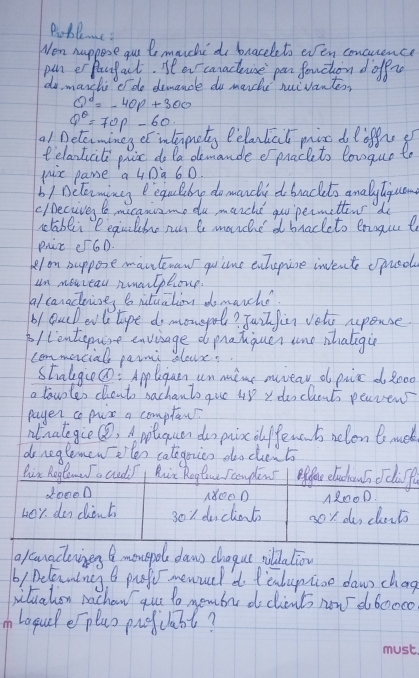 Pible . c 
Wen happose gur le mouche do braceleto even concuence 
pun erpartact. Ht ev canactevise par fonchon d offn 
do march edo demancle do marde rivanteor
Q^d=-40p+300
Q^2=70P-60
a1 Determineg of inlipets Pelantict mix do liffic 
t'clantucil pricc do Pa demande ef pracketo lonque to 
yux pame a L0a 60. 
6/ Bclerminy eequldng do manche d brackts analyliguan 
cinecive t mecanzme du murche goopermittins do 
ctablii eequilbe run te manche d brackto enogue l 
Piic ¢6D. 
el on suppose mantnaw quime entepine invent (pook 
un mouzeal nmarlphone 
alcaracises t nulualins do marchs. 
61 oucd avl tope do monepod? Juitfin volo rponse 
pllentenire envisage do phatiquer ane nhaligic 
commorciale paini oloe? 
stalegeco: Appleiquen un mine meveay o pic do R000 
a lawoles chonts sachanlo que up y diochant peavens 
payer co pis a comptan 
ntnategie Q, A noluquen do paixiliffewants nelon to muck 
do neglemewallen categovien elochebs 
a/congcloines mougpol daw chague pillaliou 
6/ Deleming prefo memoueld tcabuntne daw chag 
xilialion rachow qut to membr d dliont now d600c0. 
in loquel epluo pueuabt? 
must