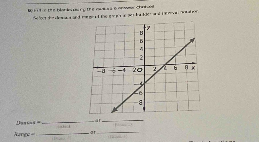 Fill in the blanks using the available answer choices. 
Select the domain and range of the graph in set-builder and interval notation 
Domain = 
_or 
_ 
Range =_ 
or 
_