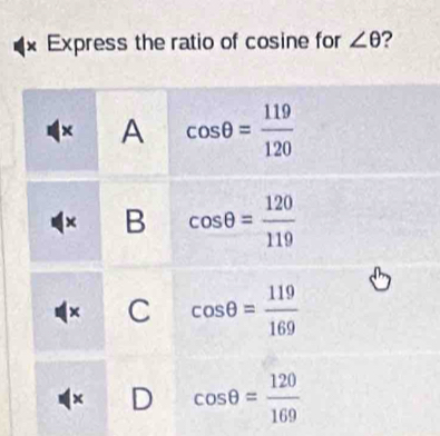 × Express the ratio of cosine for ∠ θ ?