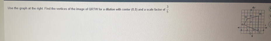 Use the graph at the right. Find the vertices of the image of QRTW for a dilation with center (0,0) and a scale factor of  3/5 .