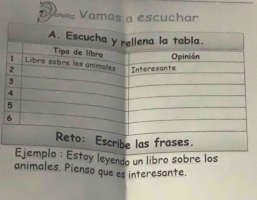 Vamos a escuchar 
Ejemplo : Estoy leyendo un libro sobre los 
animales. Pienso que es interesante.