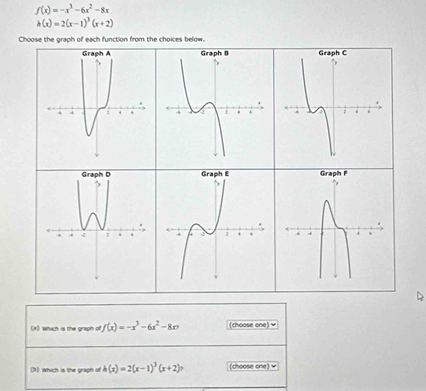 f(x)=-x^3-6x^2-8x
h(x)=2(x-1)^3(x+2)
Choose the graph of each function from the choices below. 
(》 Which is the graph of f(x)=-x^3-6x^2-8x? (choose one) 
(2) Which is the graph of h(x)=2(x-1)^3(x+2) 7 (choose one)