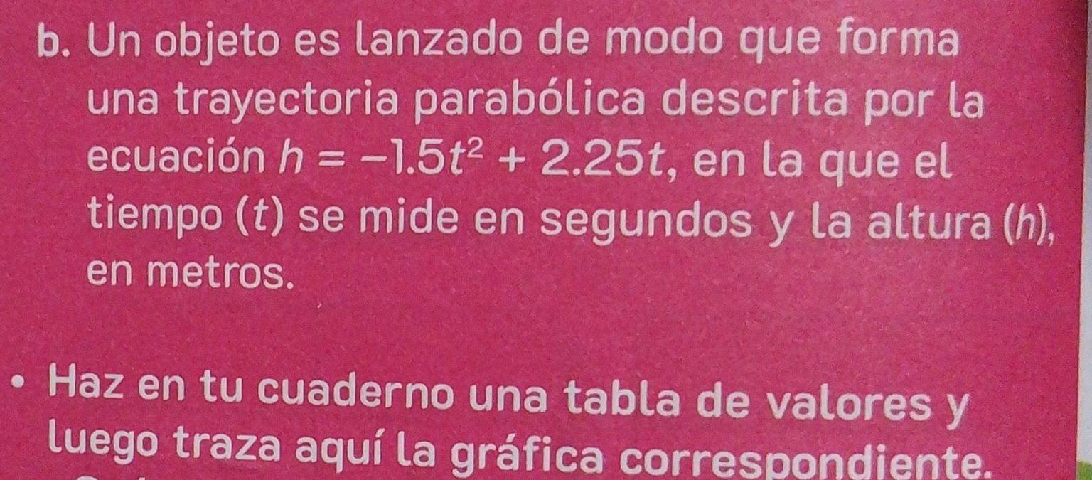 Un objeto es lanzado de modo que forma 
una trayectoria parabólica descrita por la 
ecuación h=-1.5t^2+2.25t , en la que el 
tiempo (t) se mide en segundos y la altura (h), 
en metros. 
Haz en tu cuaderno una tabla de valores y 
luego traza aquí la gráfica correspondiente.