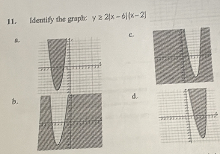 Identify the graph: y≥ 2(x-6)(x-2)
c. 
a. 
d. 
b,