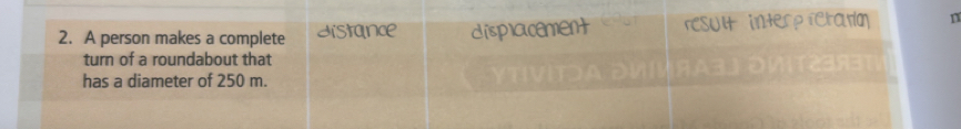 A person makes a complete distance displacement u u inr i taran
turn of a roundabout that
has a diameter of 250 m.