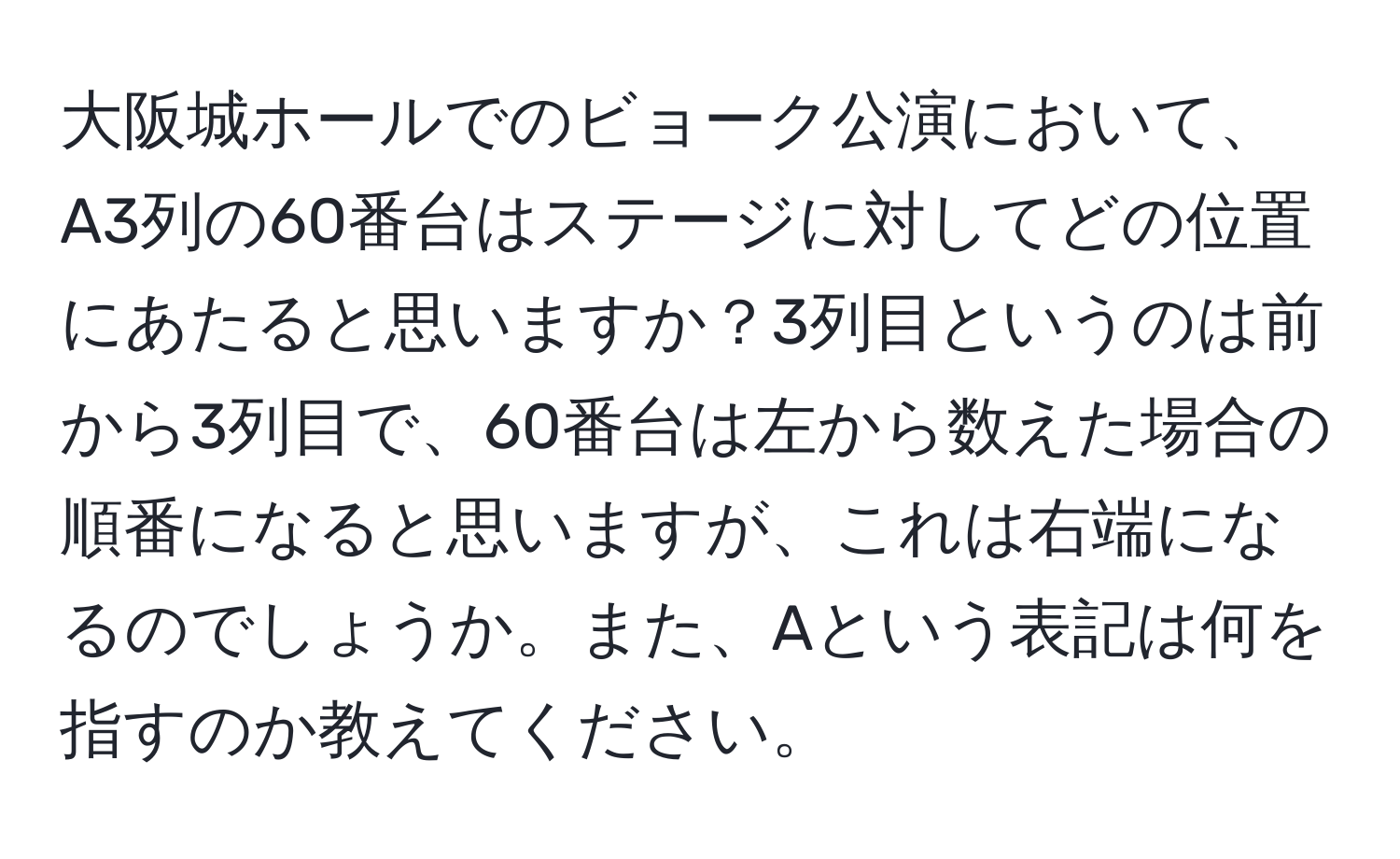 大阪城ホールでのビョーク公演において、A3列の60番台はステージに対してどの位置にあたると思いますか？3列目というのは前から3列目で、60番台は左から数えた場合の順番になると思いますが、これは右端になるのでしょうか。また、Aという表記は何を指すのか教えてください。