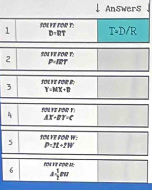 Answers 
1 SOL YE FOR T : T=D/R
D=RT
2 SOL VE FOR Y :
P=IRT
3 SOL YE FOR B :
Y=MX+B
4 SOLVE FOR Y :
AX+BY=C
SOL VE FOR W : 
5 P=1L+2W
SOL VE FOR I : 
6 A= 1/2 EN