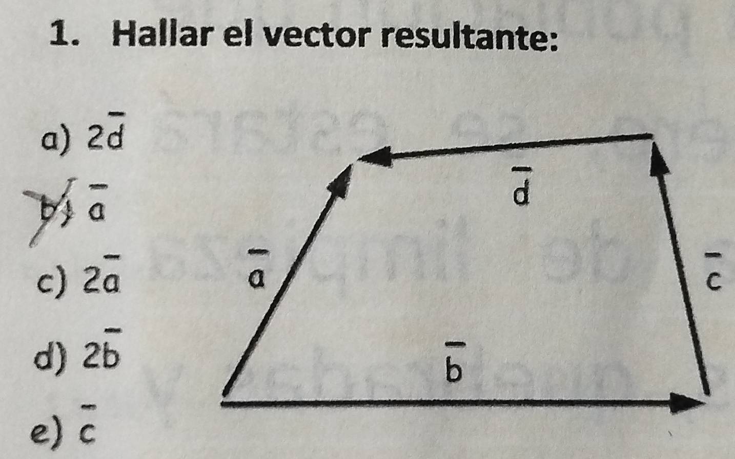 Hallar el vector resultante:
a) 2overline d
beginarrayr - to forall overline a
c) 2overline a
d) 2overline b
e) overline c