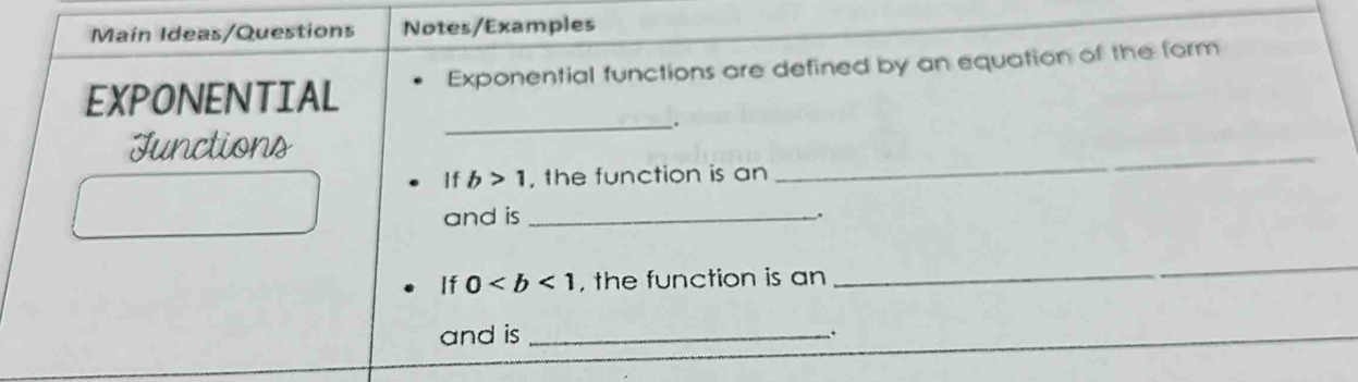 Main Ideas/Questions Notes/Examples 
EXPONENTIAL Exponential functions are defined by an equation of the form 
_. 
Functions 
If b>1 , the function is an 
_ 
and is _. 
If 0 , the function is an 
_ 
and is _.