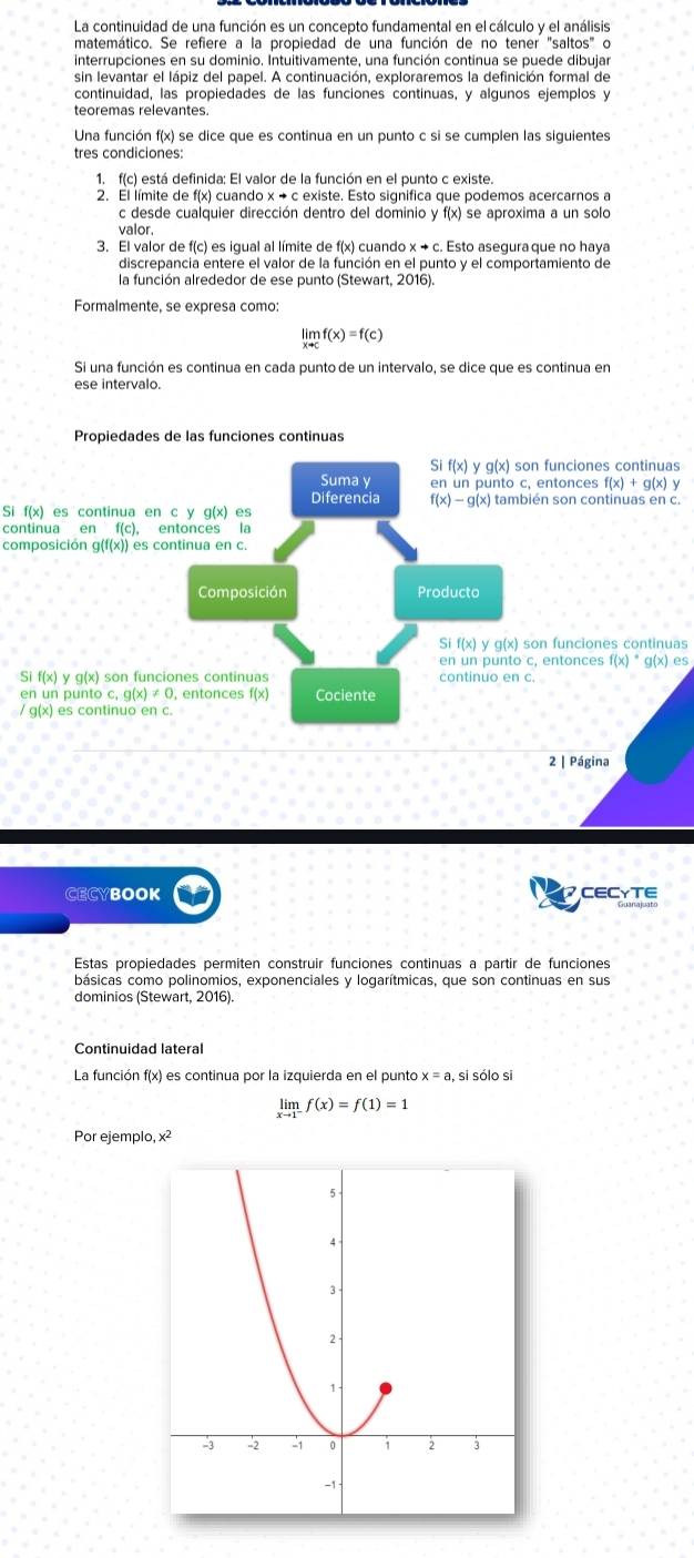 La continuidad de una función es un concepto fundamental en el cálculo y el análisis
matemático. Se refiere a la propiedad de una función de no tener "saltos" o
interrupciones en su dominio. Intuitivamente, una función continua se puede dibujar
sin levantar el lápiz del papel. A continuación, exploraremos la definición formal de
continuidad, las propiedades de las funciones continuas, y algunos ejemplos y
teoremas relevantes.
Una función f(x) se dice que es continua en un punto c si se cumplen las siguientes
tres condiciones:
1, f(c) está definida: El valor de la función en el punto c existe.
2. El límite de f(x) cuando x → c existe. Esto significa que podemos acercarnos a
c desde cualquier dirección dentro del dominio y f(x) se aproxima a un solo
valor.
3. El valor de f(c) es igual al límite de f(x) cuando x → c. Esto asegura que no haya
discrepancia entere el valor de la función en el punto y el comportamiento de
la función alrededor de ese punto (Stewart, 2016).
Formalmente, se expresa como:
limlimits _xto cf(x)=f(c)
Si una función es continua en cada punto de un intervalo, se dice que es continua en
Propiedades de las funciones continuas
Si f(x) y g(x) son funciones continuas
Suma y en un punto c, entonces f(x)+g(x)
Diferencia f(x)-g(x también son continuas en c.
Si f(x) es continua en c y g(x) es
continua en f(c), entonces la
composición g(f(x)) es continua en c.
Composición Producto
Si f(x) y g(x) son funciones continuas
en un punto c, entonces f(x)· g(x)e
Si f(x) y g(x) son funciones continuas
en un punto c, g(x) ≠ 0, entonces f(x) Cociente
/ g(x) es continuo en c.
2 | Página
CECYBOOK CECYTE
Estas propiedades permiten construir funciones continuas à partir de funciones
básicas como polinomios, exponenciales y logarítmicas, que son continuas en sus
dominios (Stewart, 2016).
Continuidad lateral
La función f(x) es continua por la izquierda en el punto x=a. sī sólo sī
limlimits _xto 1^-f(x)=f(1)=1
Por ejemplo, x²