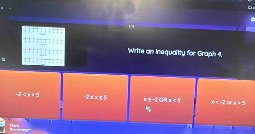 8/15
Write an inequality for Graph 4.
Q
-2
-2≤ x≤ 5
x≥ -2 OR x<5</tex> x or x>5
a
.
Cham,
Orommengo"