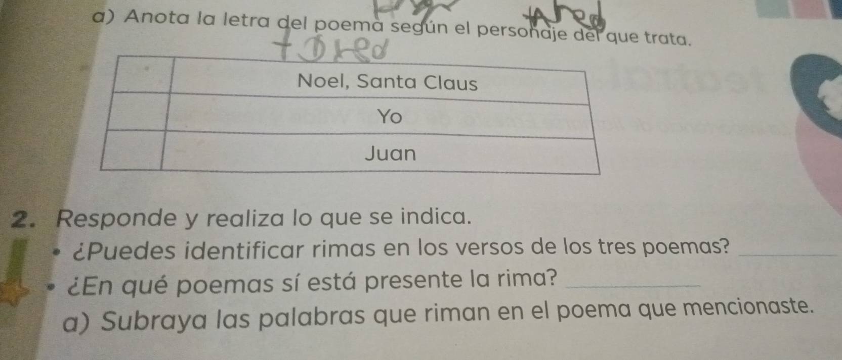 Anota la letra del poema según el persoñaje del que trata. 
2. Responde y realiza lo que se indica. 
¿Puedes identificar rimas en los versos de los tres poemas?_ 
¿En qué poemas sí está presente la rima?_ 
a) Subraya las palabras que riman en el poema que mencionaste.