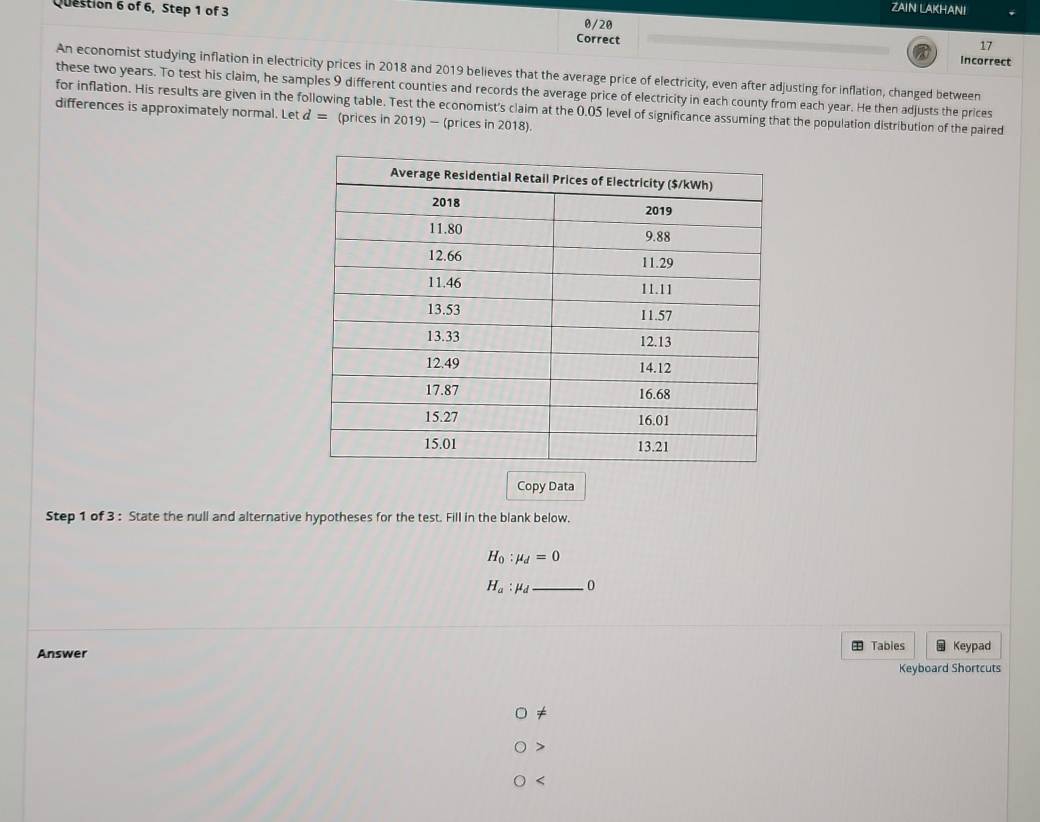 ZAIN LAKHANI 
Question 6 of 6, Step 1 of 3 Correct
0/20
17
Incorrect 
An economist studying inflation in electricity prices in 2018 and 2019 believes that the average price of electricity, even after adjusting for inflation, changed between 
these two years. To test his claim, he samples 9 different counties and records the average price of electricity in each county from each year. He then adjusts the prices 
for inflation. His results are given in the following table. Test the economist's claim at the 0.05 level of significance assuming that the population distribution of the paired 
differences is approximately normal. Let d= (prices in 2019) - (prices in 2018). 
Copy Data 
Step 1 of 3 : State the null and alternative hypotheses for the test. Fill in the blank below.
H_0:mu _d=0
H_a:mu _d. _  O 
Answer 1 Tabies Keypad 
Keyboard Shortcuts 
≠ 
> 
<