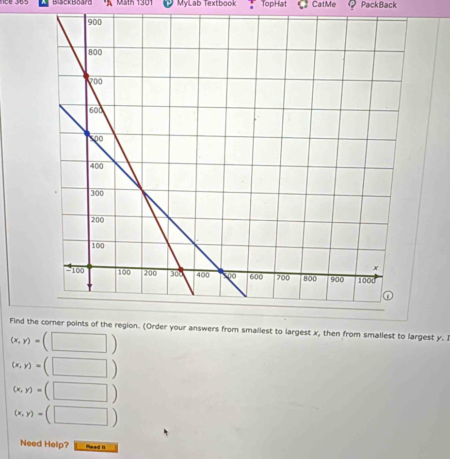 fice 365 ^ Black Board Math 1301 MyLab Textbook TopHat CatMe ？ PackBack 
Find the corner points of the region. (Order your answers from smallest to largest x, then from smallest to largest y. I
(x,y)=
(x,y)=
(x,y)=
(x,y)=
Need Help? Read it