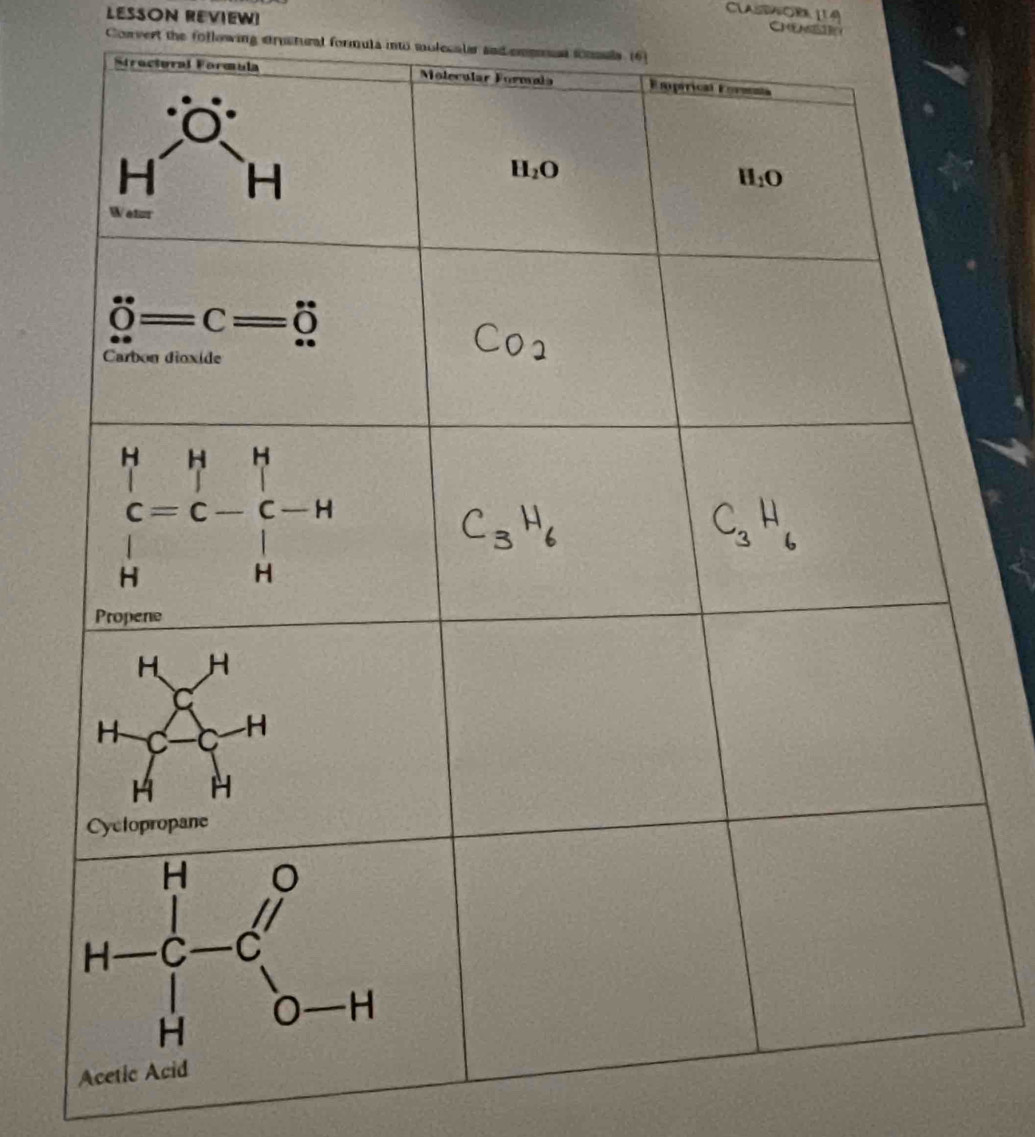 LESSON REVIEW!
CLASW ORR 114
CO
Convert the following srmstural formula into molecaler and cmmas sonmuls (6)