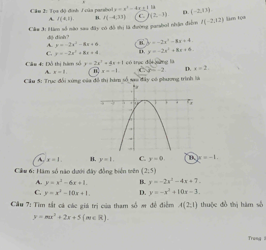 x
Câu 2: Tọa độ đinh / của parabol y=x^2-4x+1 là
A. I(4:1). B. I(-4;33) C. (2,-3). D. (-2,13). 
Câu 3: Hàm số nào sau đây có đồ thị là đường parabol nhận điểm I(-2;12) làm tọa
độ đinh?
A. y=-2x^2-8x+6.
B. y=-2x^2-8x+4.
C. y=-2x^2+8x+4.
D. y=-2x^2+8x+6. 
Cầu 4: Đồ thị hàm số y=2x^2+4x+1 có trục đối xứng là
A. x=1. B, x=-1. C. x=-2. D. x=2. 
Câu 5: Trục đối xứng của đồ thị hàm số sau đây có phương trình là
A. x=1. B. y=1. C. y=0. D x=-1. 
Câu 6: Hàm số nào dưới đây đồng biến trên (2;5)
A. y=x^2-6x+1. B. y=-2x^2-4x+7.
C. y=x^2-10x+1. D. y=-x^2+10x-3. 
Câu 7: Tìm tất cả các giá trị của tham số m đề điểm A(2;l) thuộc đồ thị hàm số
y=mx^2+2x+5(m∈ R). 
Trang 1