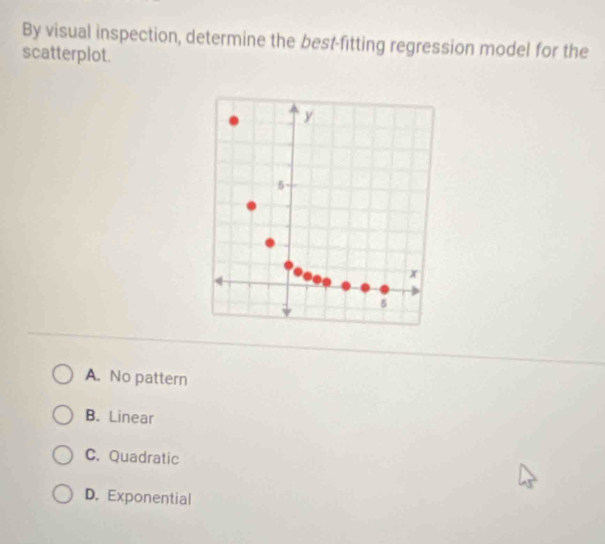 By visual inspection, determine the best-fitting regression model for the
scatterplot.
A. No pattern
B. Linear
C. Quadratic
D. Exponential