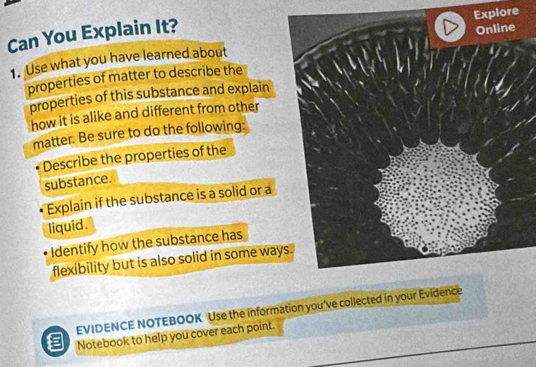 Explore 
Can You Explain It? 
1. Use what you have learned about 
properties of matter to describe the 
properties of this substance and explain 
how it is alike and different from other 
matter. Be sure to do the following: 
Describe the properties of the 
substance. 
Explain if the substance is a solid or a 
liquid. 
Identify how the substance has 
flexibility but is also solid in some way 
EVIDENCE NOTEBOOK Use the information you’ve collected in your Evide 
Notebook to help you cover each point.