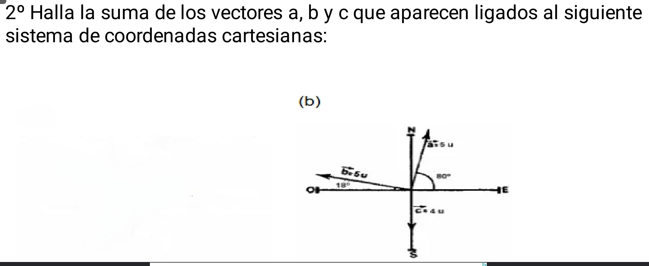 2° Halla la suma de los vectores a, b y c que aparecen ligados al siguiente 
sistema de coordenadas cartesianas: 
(b)
a=5u
b 5
80°
18°
E
4 u