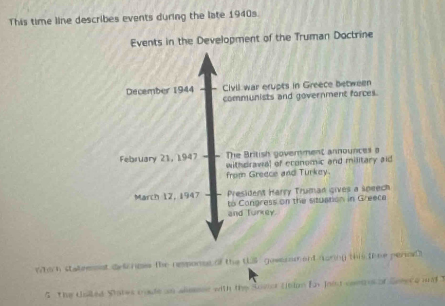 This time line describes events during the late 1940s. 
Events in the Development of the Truman Doctrine 
December 1944 Civil war erupts in Greece between 
communists and government forces. 
February 21, 1947 — - The British goverment announces a 
withdrawal of economic and military aid 
from Greece and Turkey. 
March 12, 1947 、 President Harry Truman gives a speech 
to Congress on the situation in Greece 
and Turkey. 
whi h statemmat descrines the response of the thS goverament naring this thee periodl 
5 The Uoiled States made an alemee with the Sovist tition Eo Joist comtres of Seeece and T