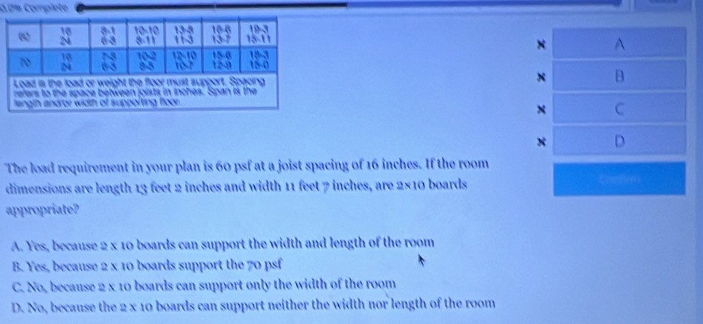 la ira Complete
x A
x B
x C
x      
The load requirement in your plan is 60 psf at a joist spacing of 16 inches. If the room
dimensions are length 13 feet 2 inches and width 11 feet 7 inches, are 2×10 boards
appropriate?
A. Yes, because 2 x 10 boards can support the width and length of the room
B. Yes, because 2 x 10 boards support the 70 psf
C. No, because 2 x 10 boards can support only the width of the room
D. No, because the 2 x 10 boards can support neither the width nor length of the room