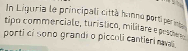 In Liguria le principali città hanno porti perimta 
típo commerciale, turístico, militare e peschereo, 
porti ci sono grandi o piccoli cantieri navali.