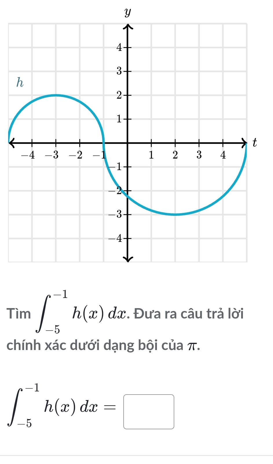 Tim∈t _(-5)^(-1)h(x)dx. Đưa ra câu trả lời 
chính xác dưới dạng bội của π.
∈t _(-5)^(-1)h(x)dx=□