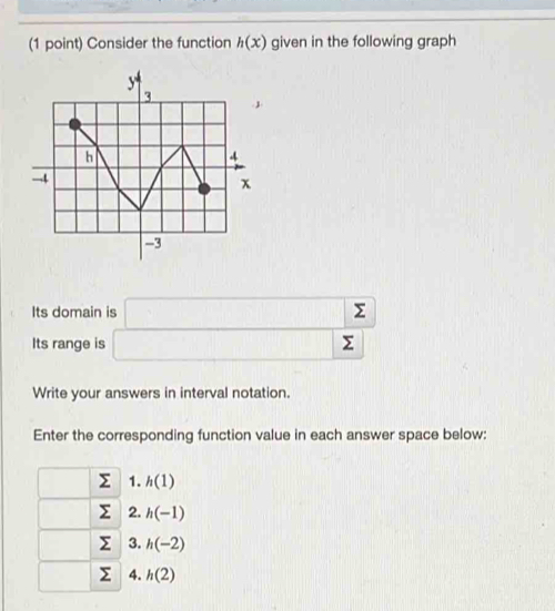 Consider the function h(x) given in the following graph
Its domain is □ sumlimits
Its range is □ sumlimits
Write your answers in interval notation.
Enter the corresponding function value in each answer space below: