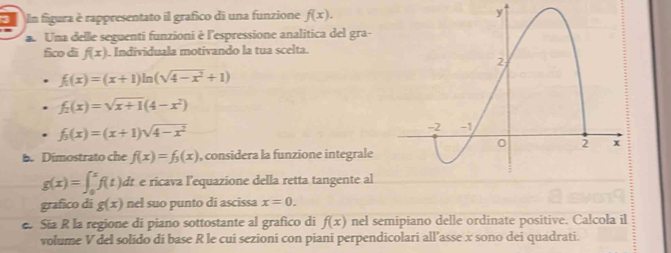 In figura è rappresentato il grafico di una funzione f(x). 
Una delle seguenti funzioni è l'espressione analitica del gra- 
fico dī f(x) Individuala motivando la tua scelta.
f_1(x)=(x+1)ln (sqrt(4-x^2)+1)
f_2(x)=sqrt(x+1)(4-x^2)
f_3(x)=(x+1)sqrt(4-x^2)
b. Dimostrato che f(x)=f_3(x) , considera la funzione integrale
g(x)=∈t _0^xf(t) dt e ricava lequazione della retta tangente al 
grafico di g(x) nel suo punto di ascissa x=0. 
e. Sía R la regione di piano sottostante al grafico di f(x) nel semipiano delle ordinate positive. Calcola il 
volume V del solido di base R le cui sezioni con piani perpendicolari all’asse x sono dei quadrati.